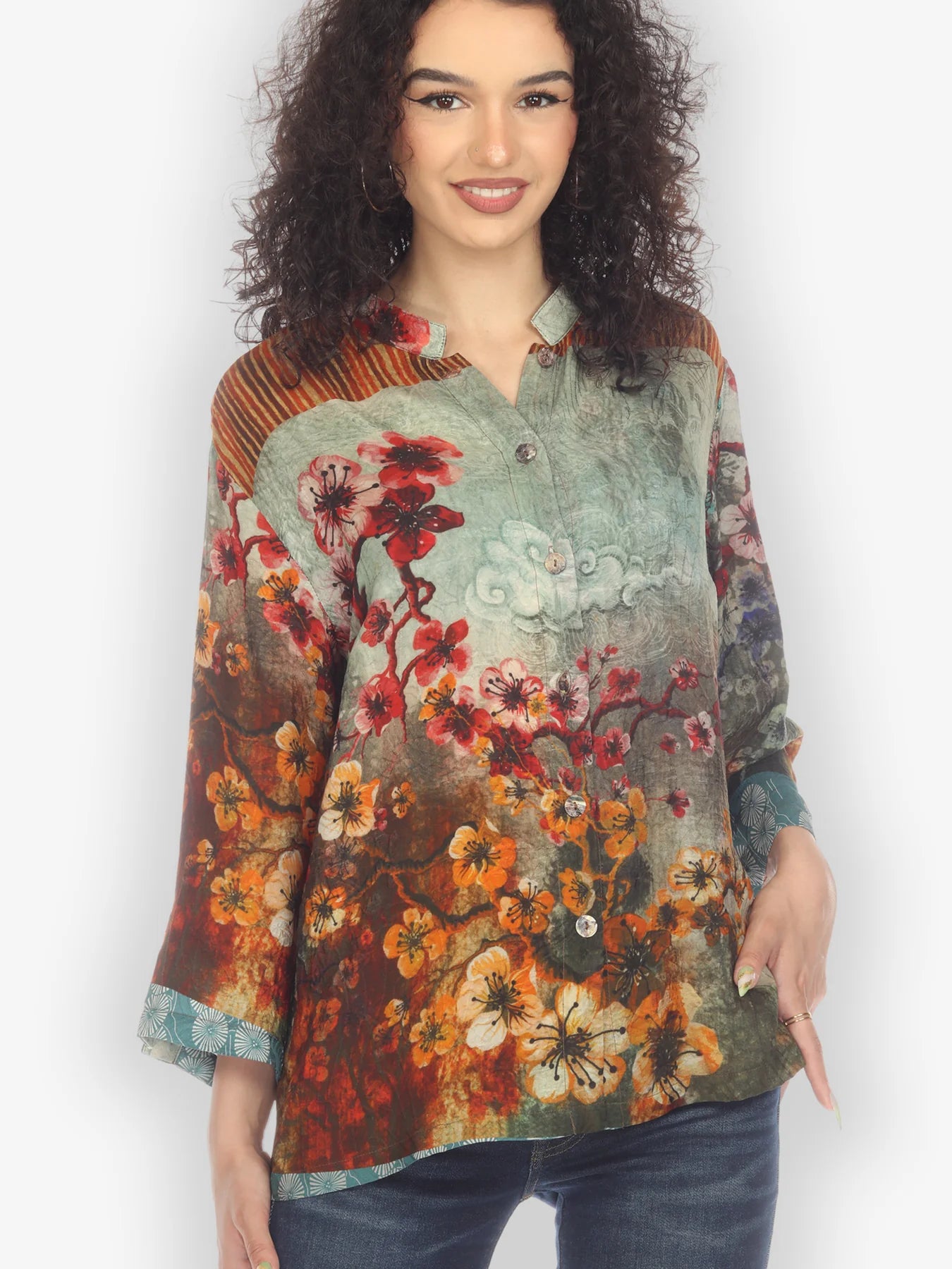 Citron "Joy Blossom Border" Silk Blouse - 1213JBB