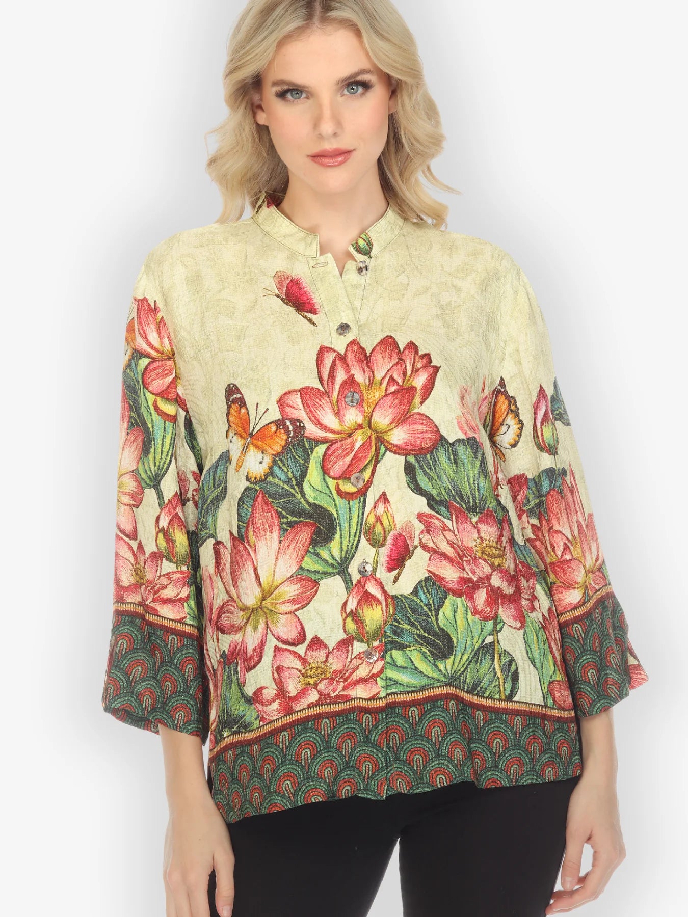 Citron "Lotus Embroidery Print" Silk Blouse - 1213LEP