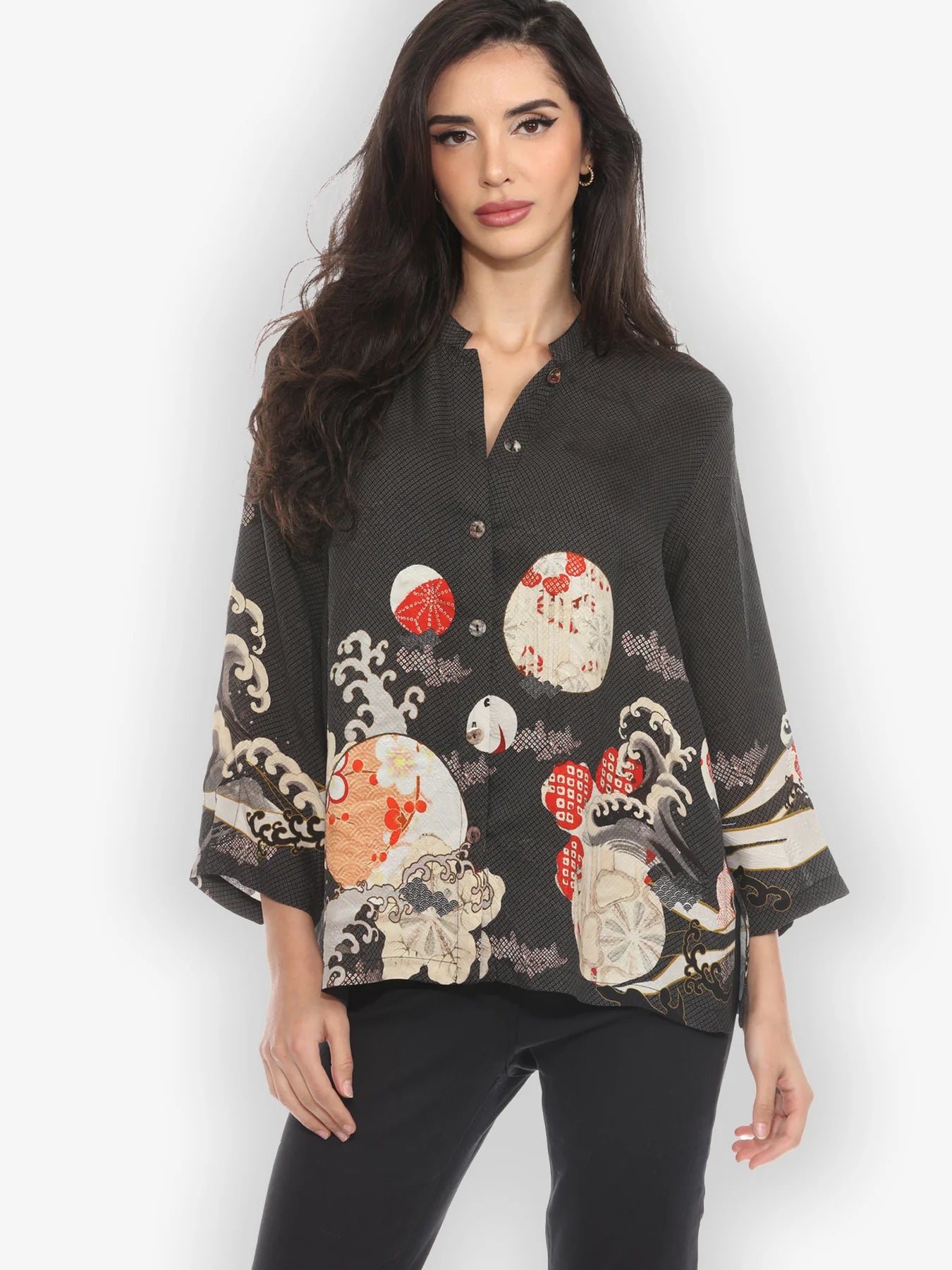 Citron "Ocean Wave Royal" Silk Blend Blouse - 1213OWR