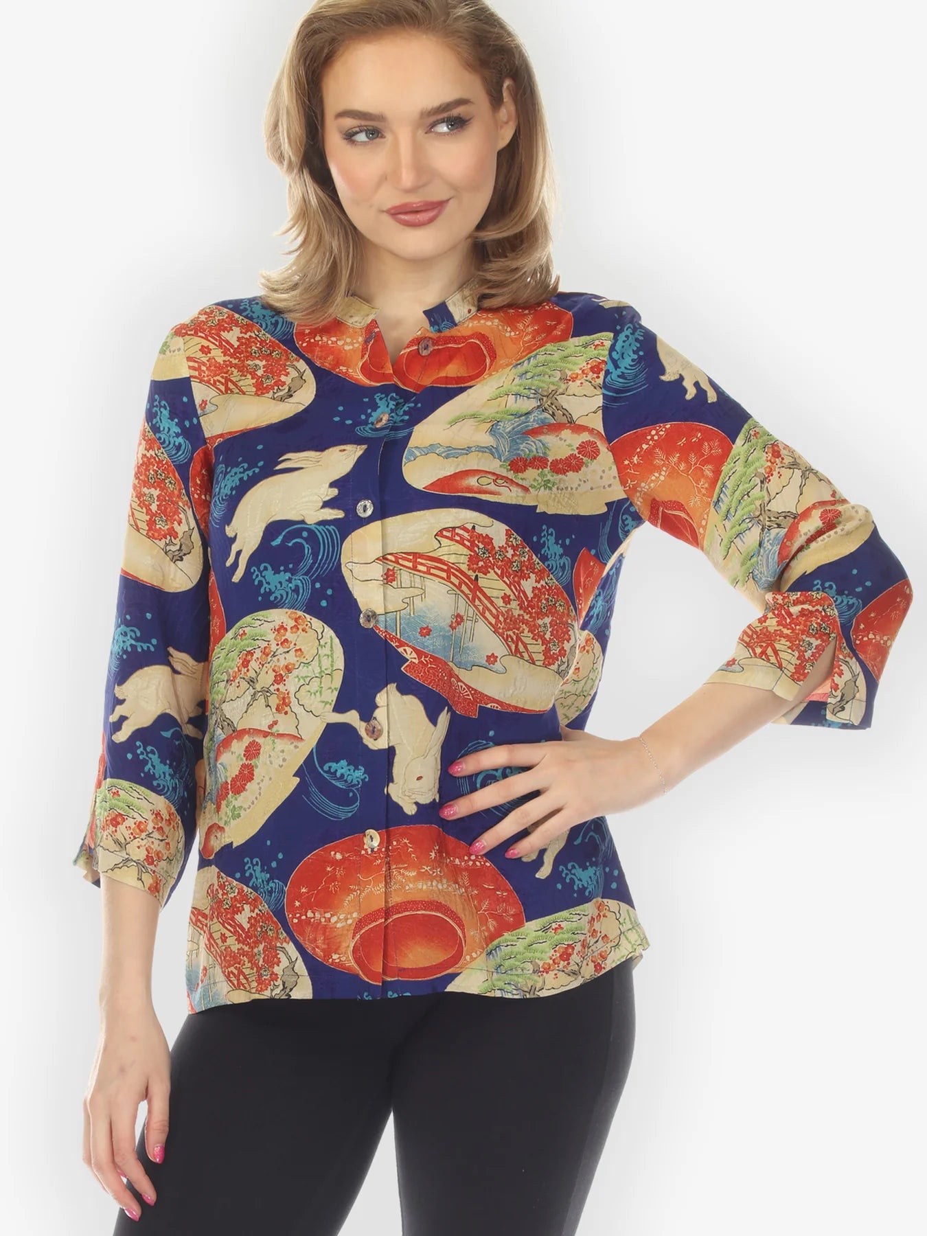 Citron "Rabbit and Lantern in Navy" Silk Blouse - 1213RALN