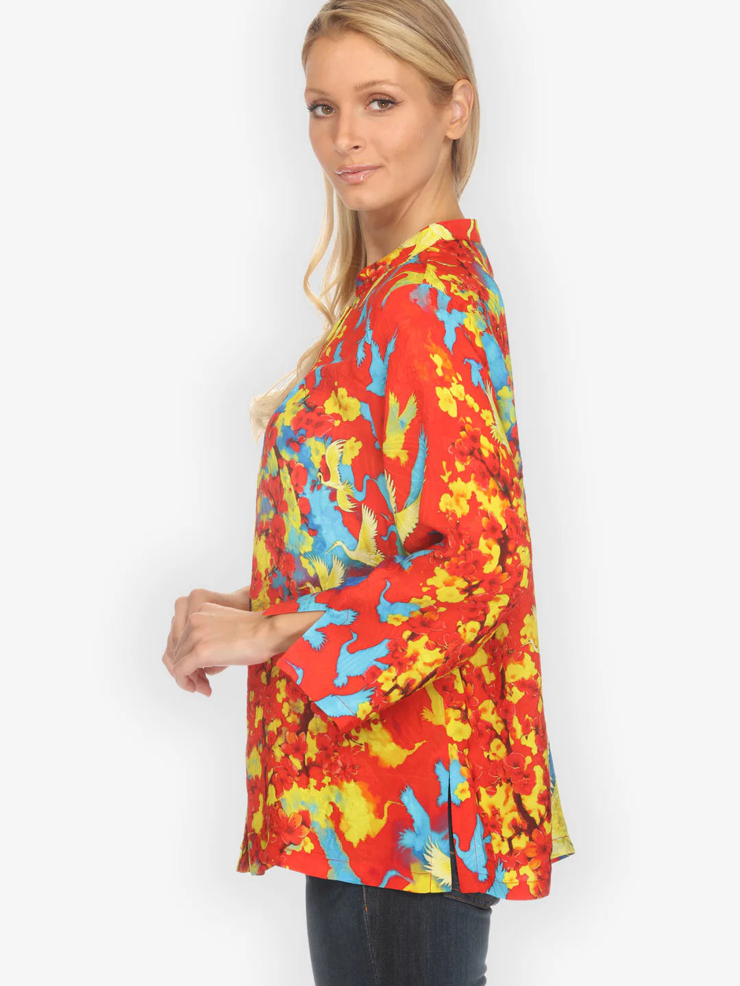 Citron "Sakura and Cranes in Red" Silk Blend Blouse - 1213SACR