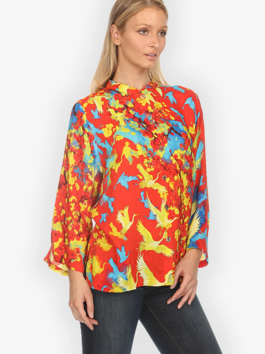 Citron "Sakura and Cranes in Red" Silk Blend Blouse - 1213SACR