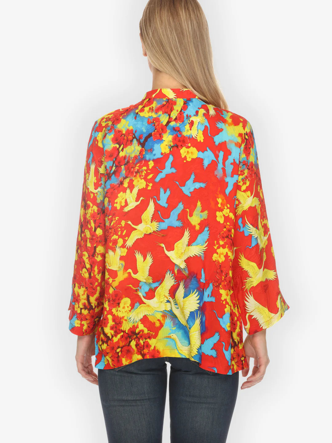 Citron "Sakura and Cranes in Red" Silk Blend Blouse - 1213SACR