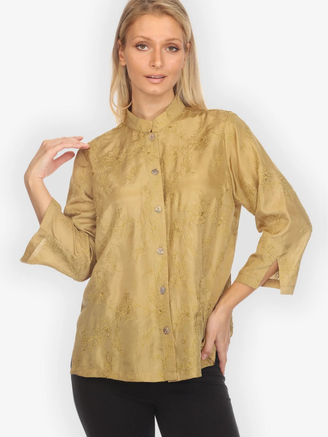 Citron "Sophisticated Floral Embroidery" Silk Blouse - 1213SFEG