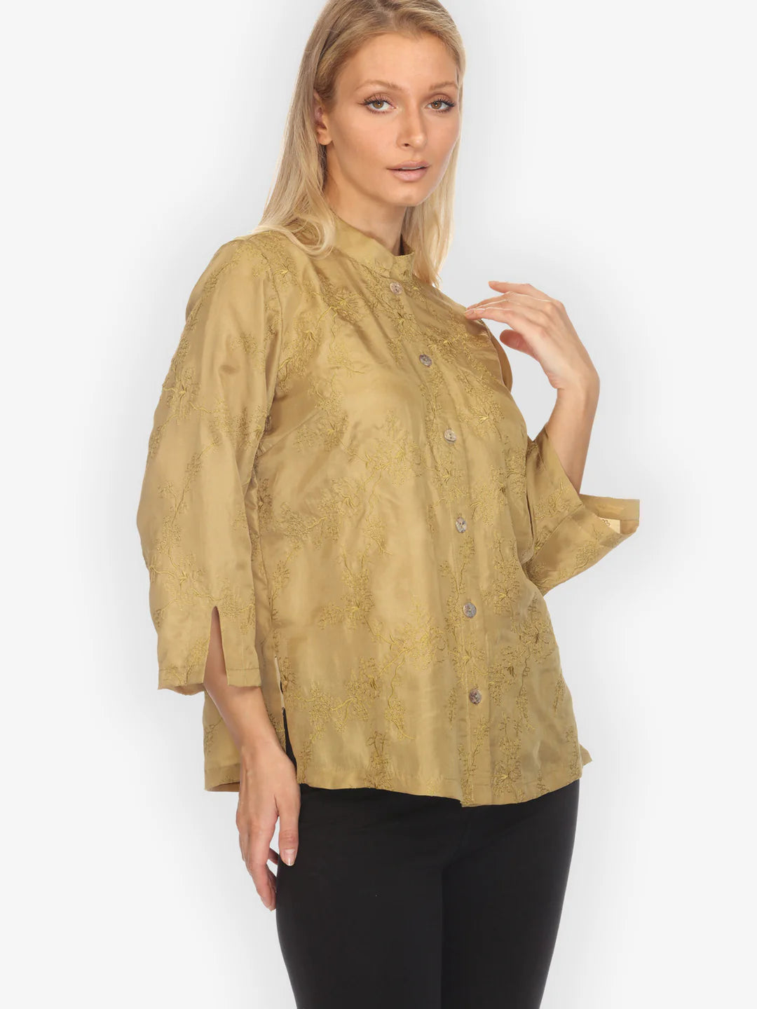 Citron "Sophisticated Floral Embroidery" Silk Blouse - 1213SFEG