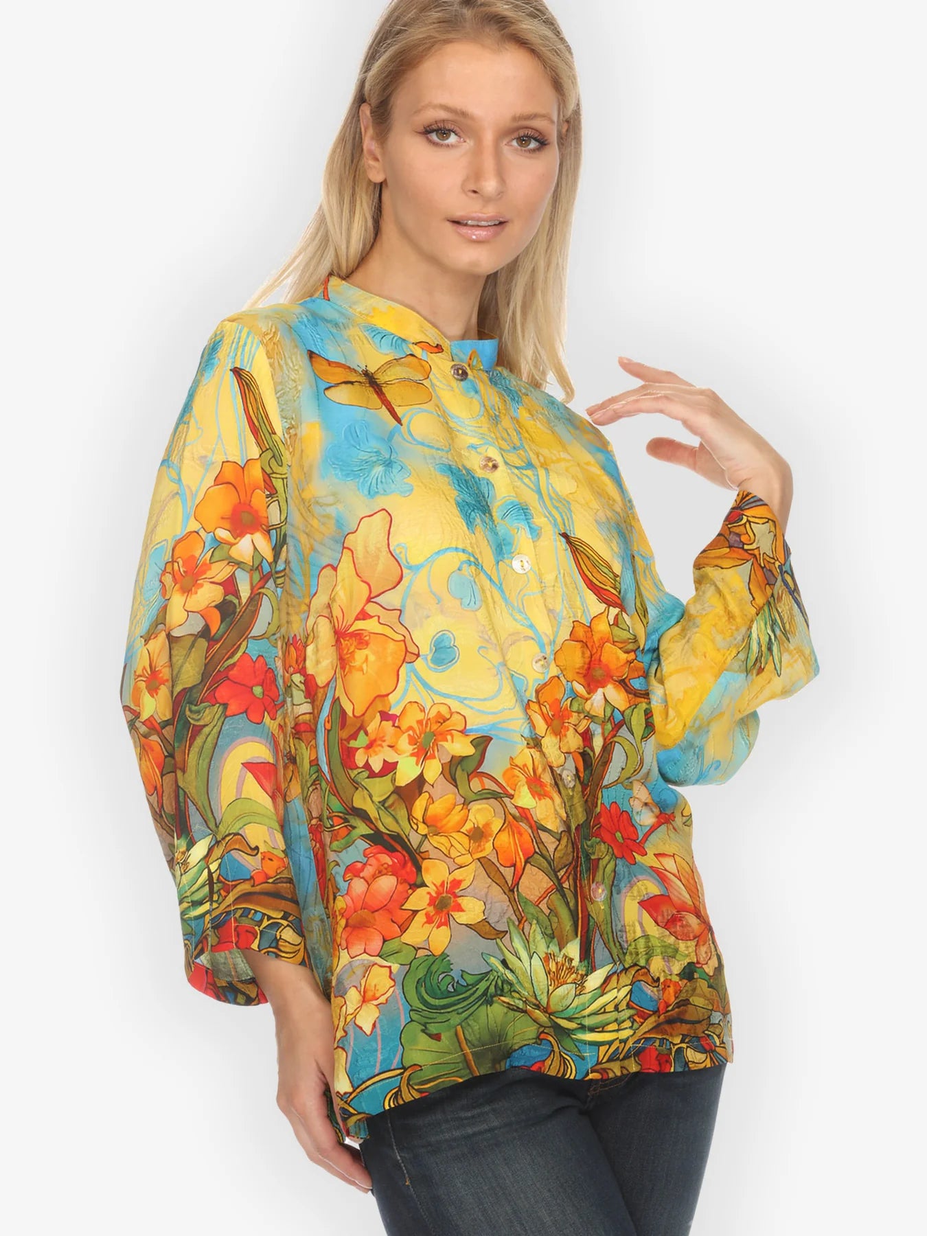 Citron "Vintage Art Nouveau Yellow Blue" Silk Blouse - 1213VAN-YB