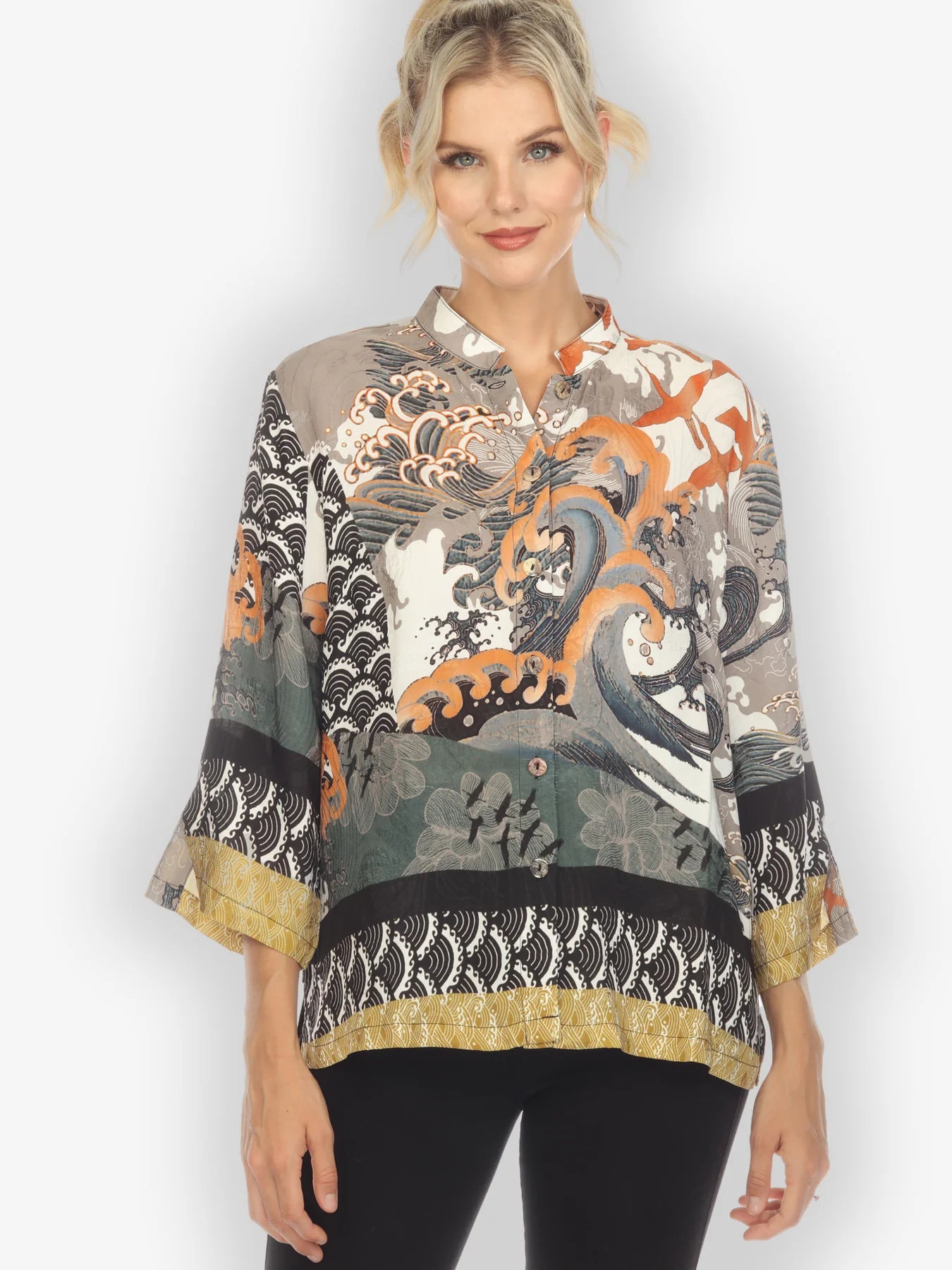 Citron "Waves and Cranes" Silk Blend Blouse - 1213WAC