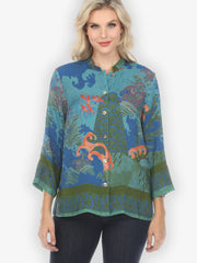 Citron "Waves and Cranes in Blue " Silk Blend Blouse - 1213WACB