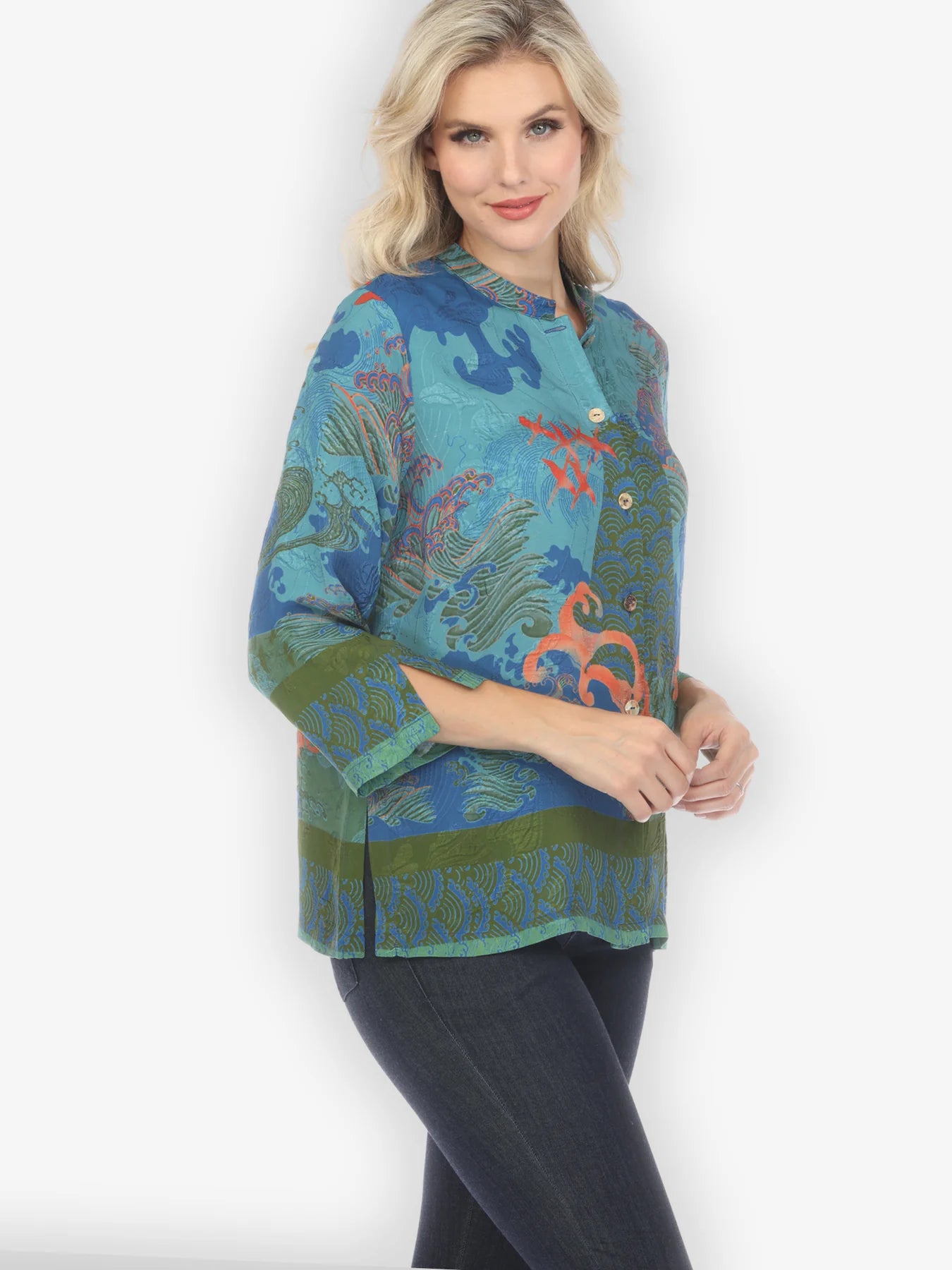 Citron "Waves and Cranes in Blue " Silk Blend Blouse - 1213WACB