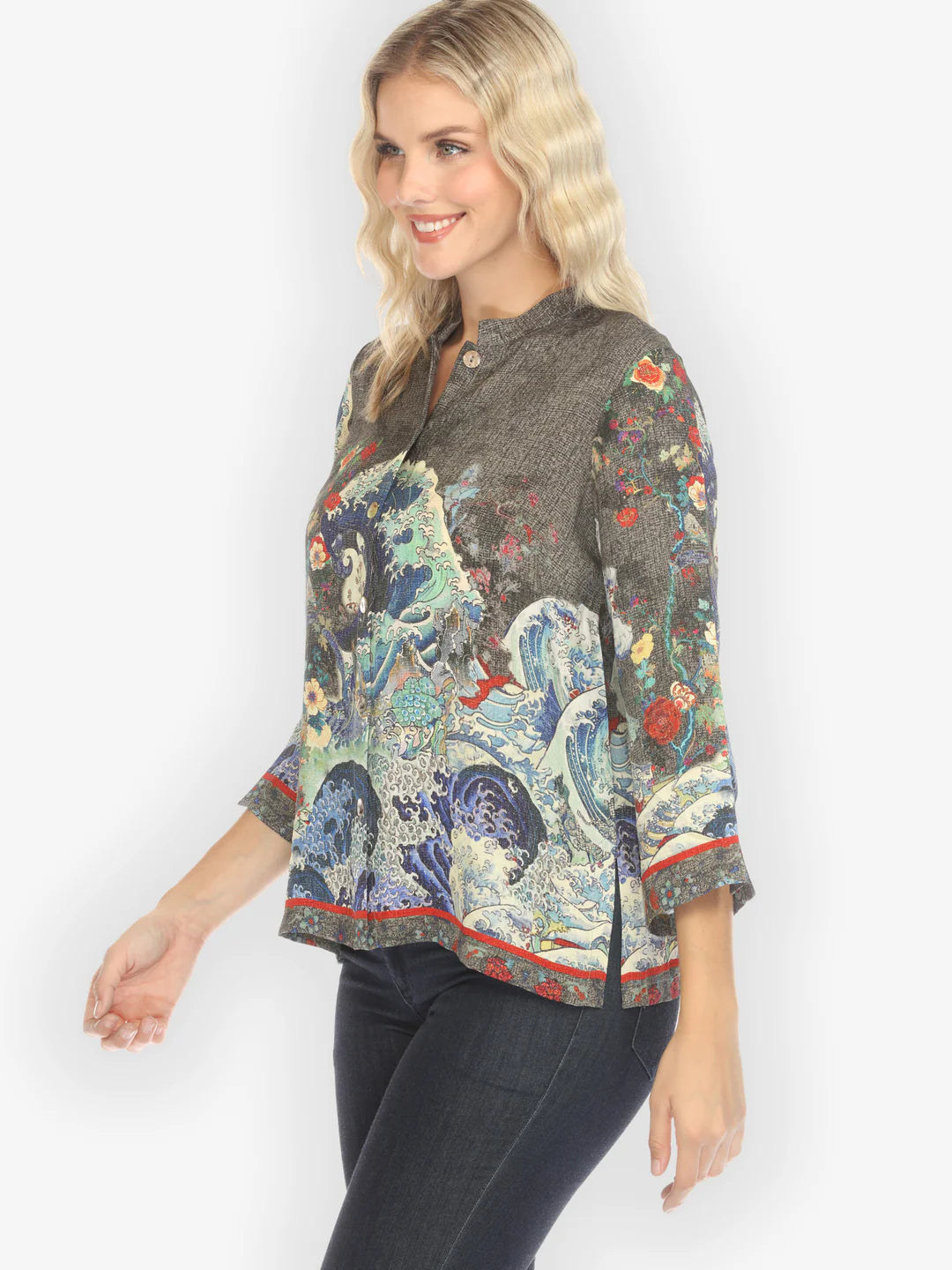 Citron "Waves Art in Dark Gray" Silk Blend Blouse - 1213WADG