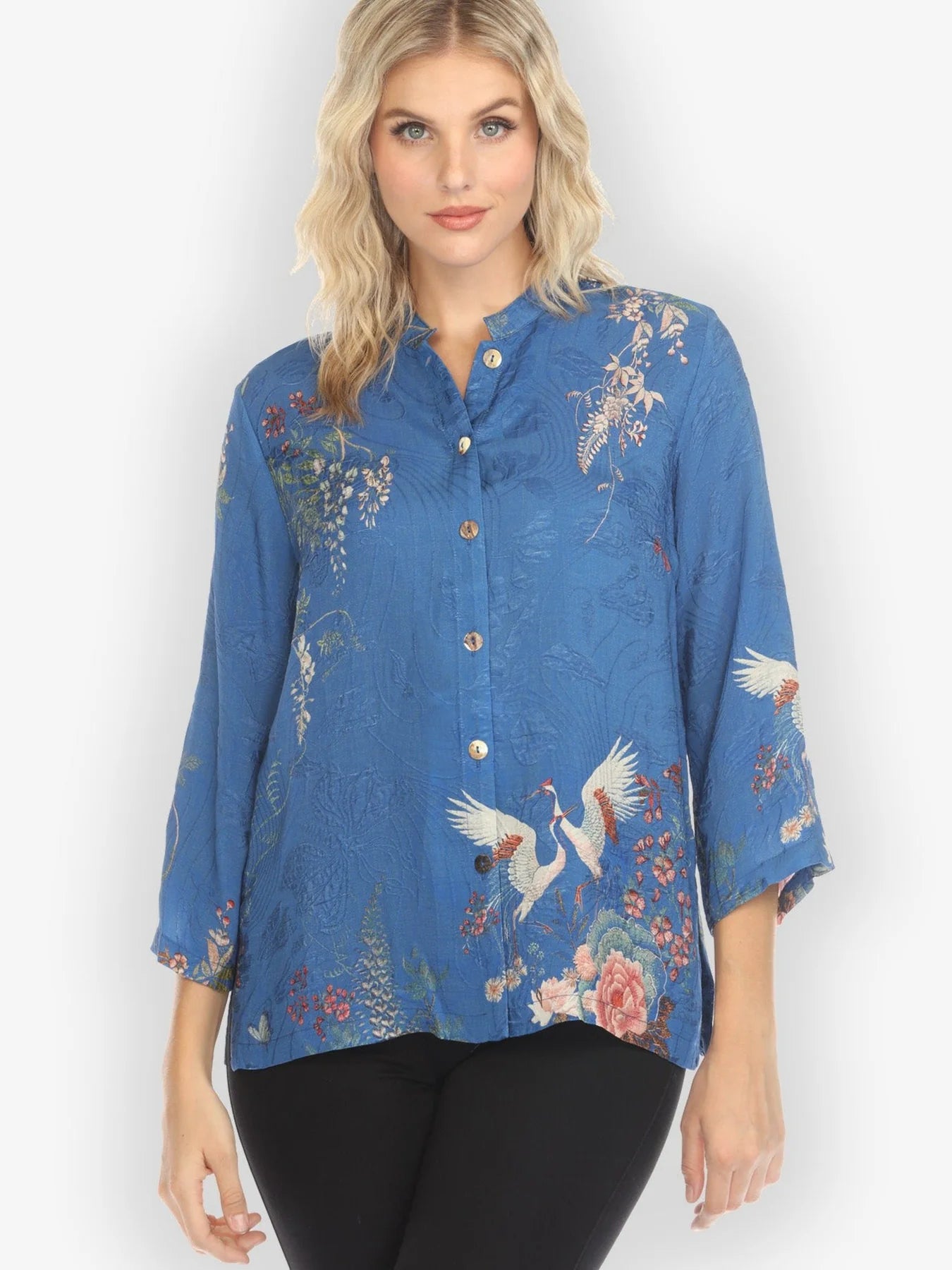 Citron "Wisteria Butterflies Crane in Blue" Silk Blend Blouse - 1213WBCB