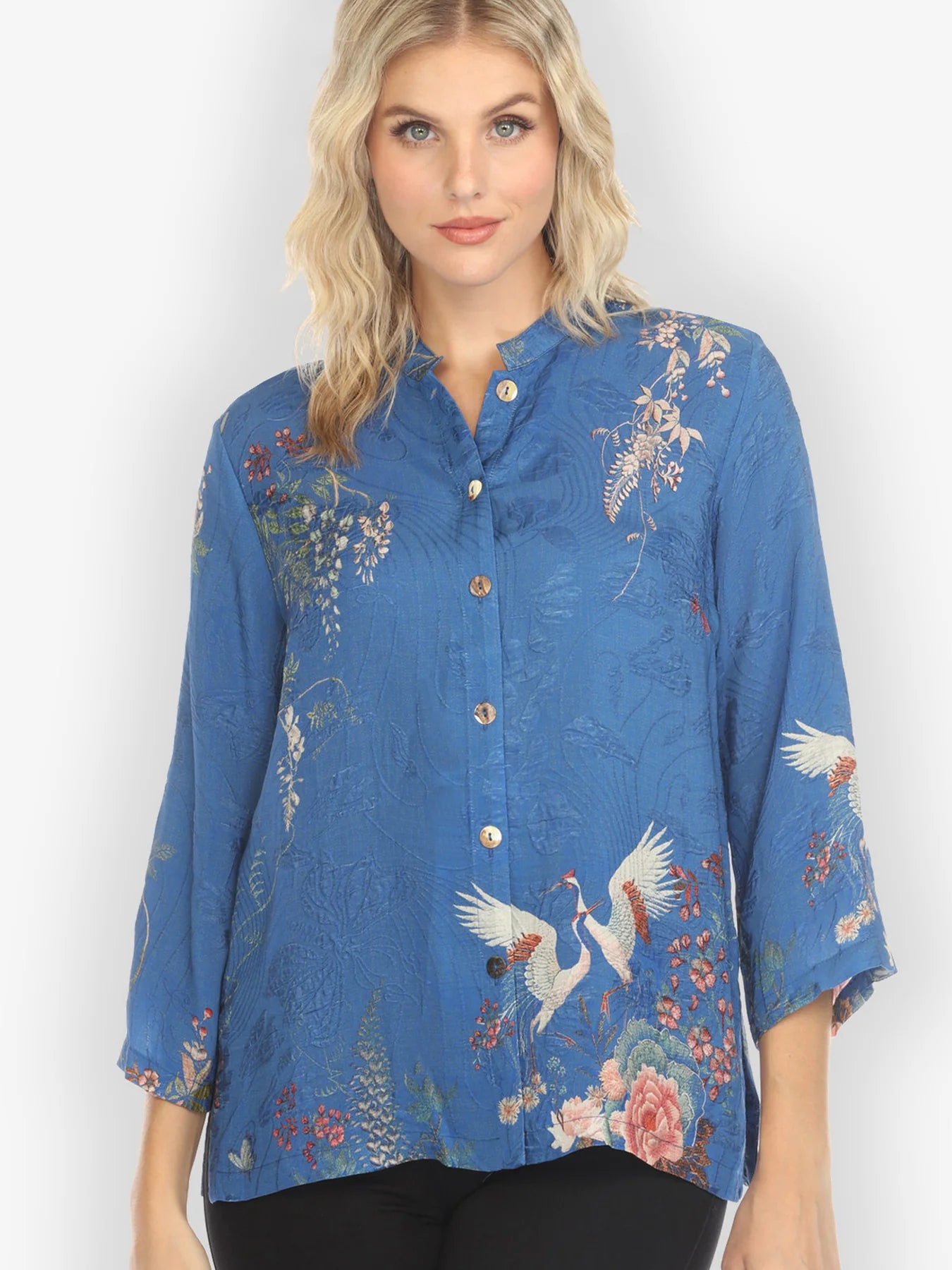 Citron "Wisteria Butterflies Crane in Blue" Silk Blend Blouse - 1213WBCB