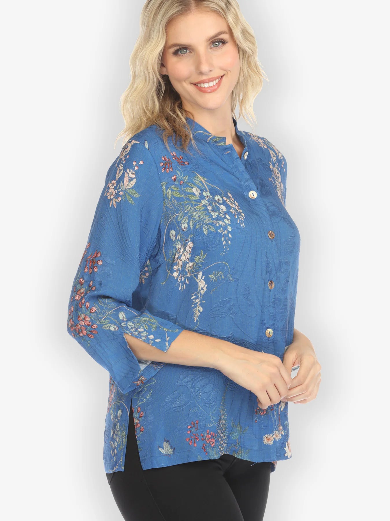 Citron "Wisteria Butterflies Crane in Blue" Silk Blend Blouse - 1213WBCB