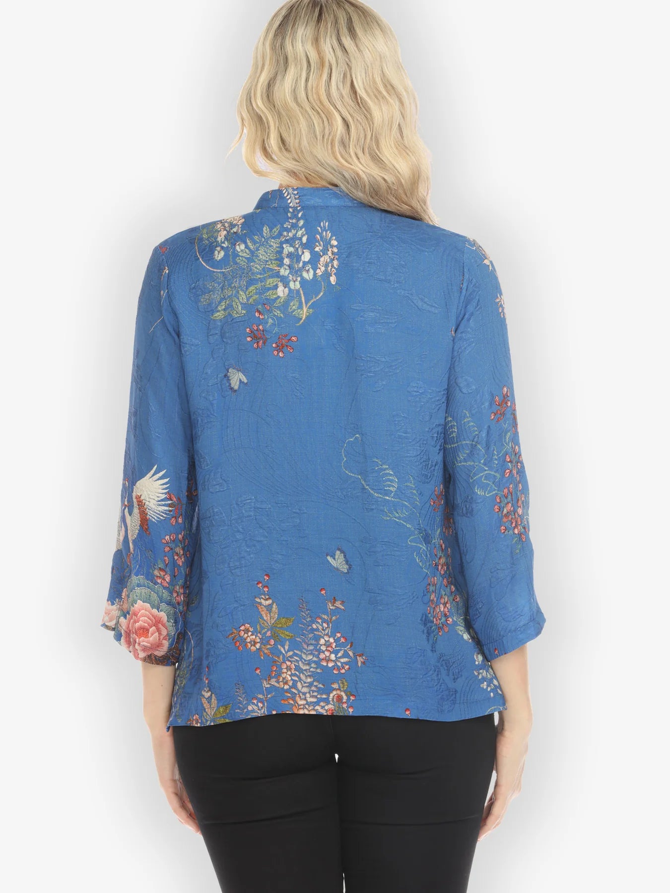 Citron "Wisteria Butterflies Crane in Blue" Silk Blend Blouse - 1213WBCB