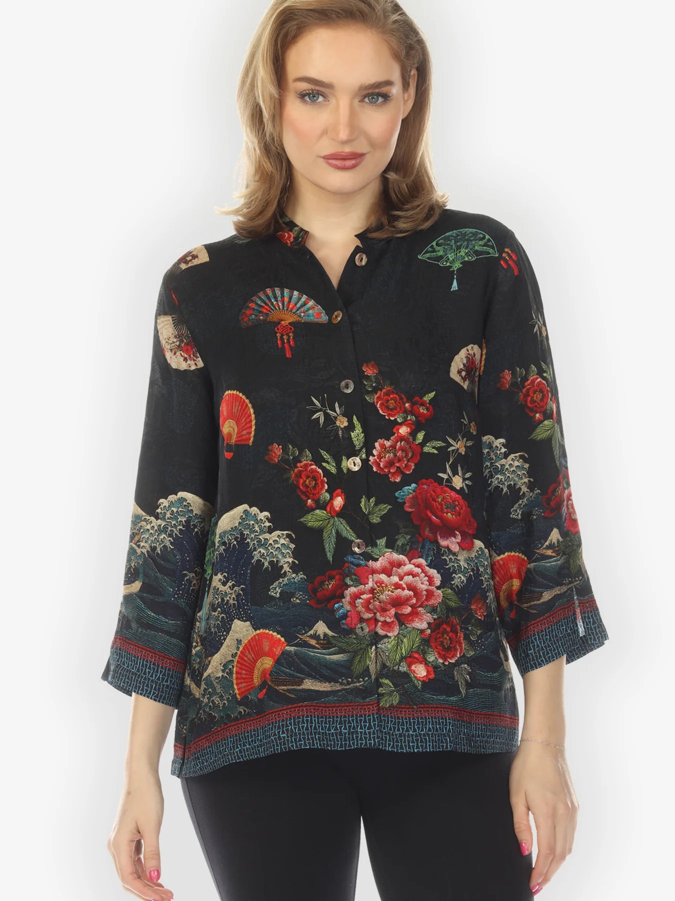 Citron "Waves Fans Flowers Black" Silk Blouse - 1213WFFB