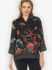 Citron "Waves Fans Flowers Black" Silk Blouse - 1213WFFB