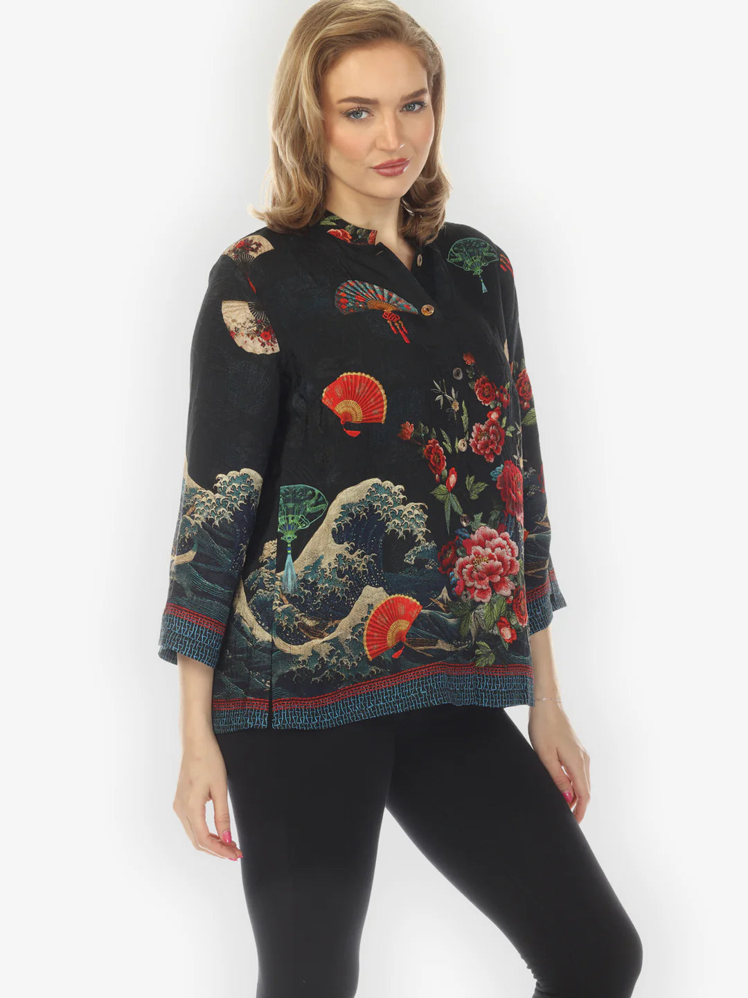 Citron "Waves Fans Flowers Black" Silk Blouse - 1213WFFB