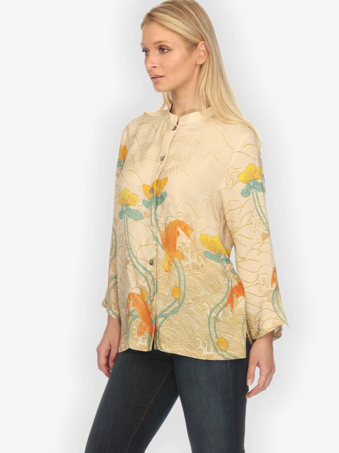 Citron "Water Lily Koi Beige" Silk Blouse - 1213WLKB