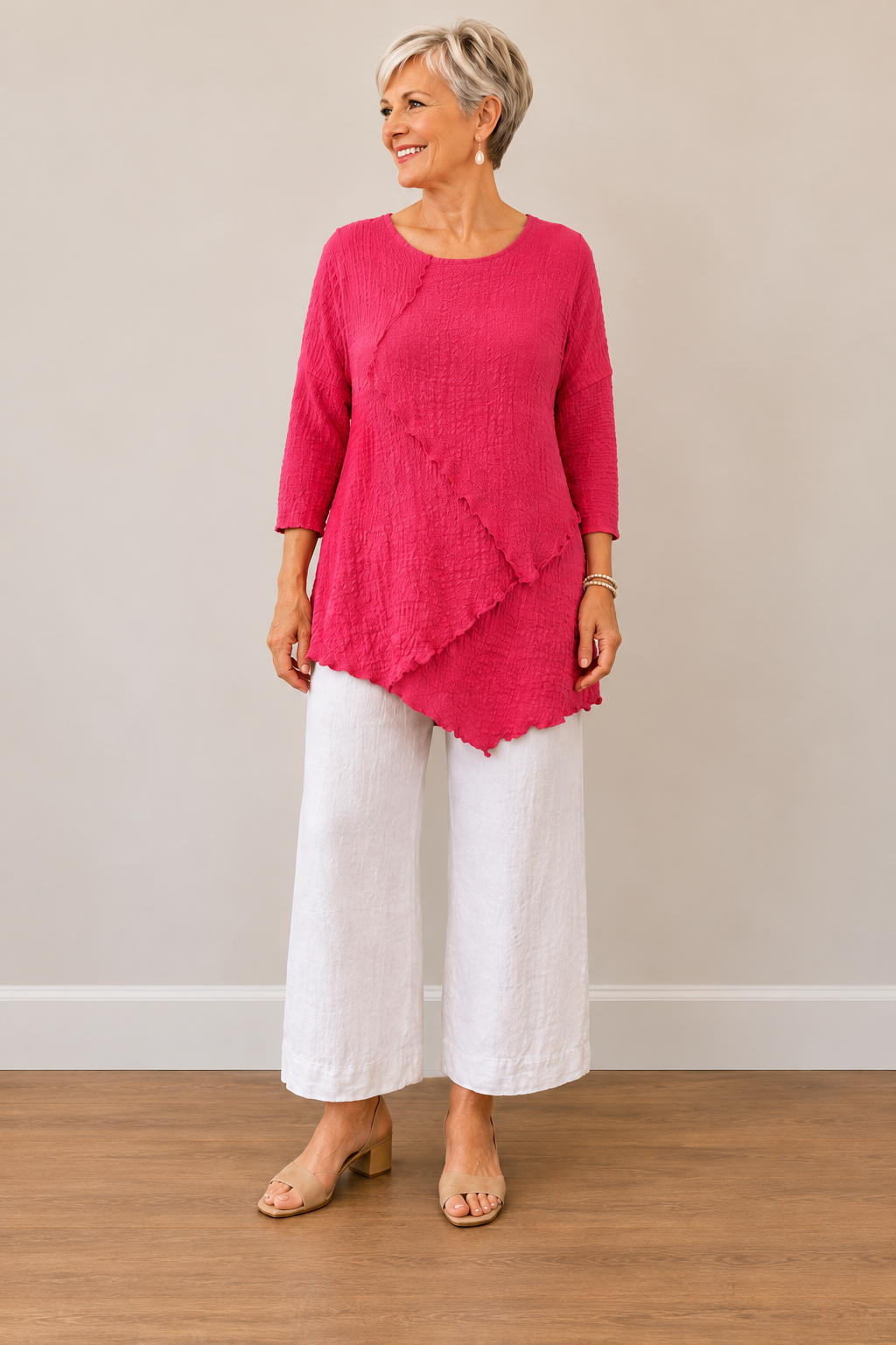 Vine Street Asymmetric Crepe Solid Top - 872 - FUCHSIA CREPE