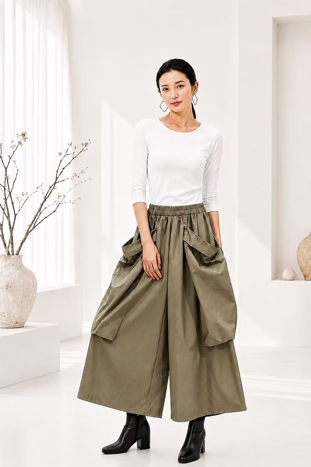 Vanite Couture Wide Leg Oversized Pockets Ankle Pant - 1596 - ARMY GREEN