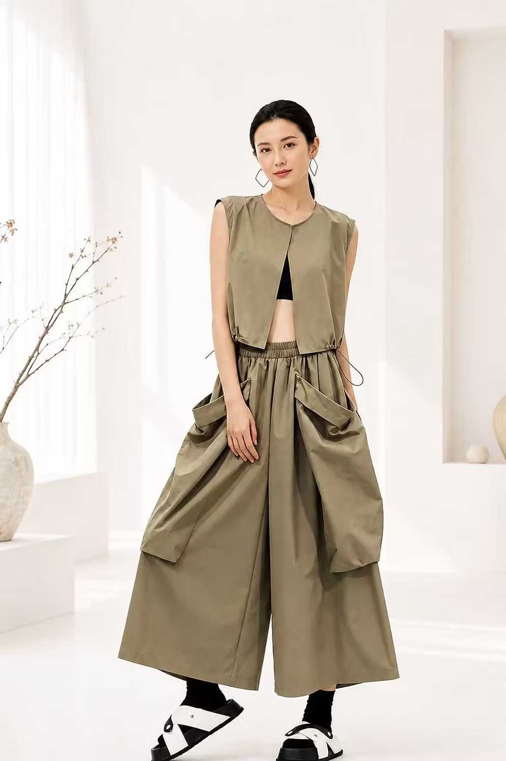 Vanite Couture Wide Leg Oversized Pockets Ankle Pant - 1596 - ARMY GREEN