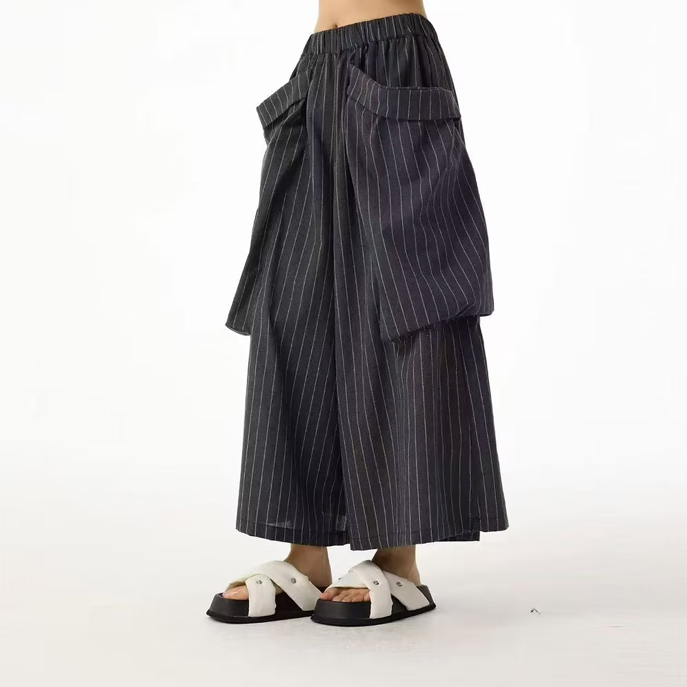 Vanite Couture Wide Leg Oversized Pockets Ankle Pant - 1596-2 - GREY STRIPES
