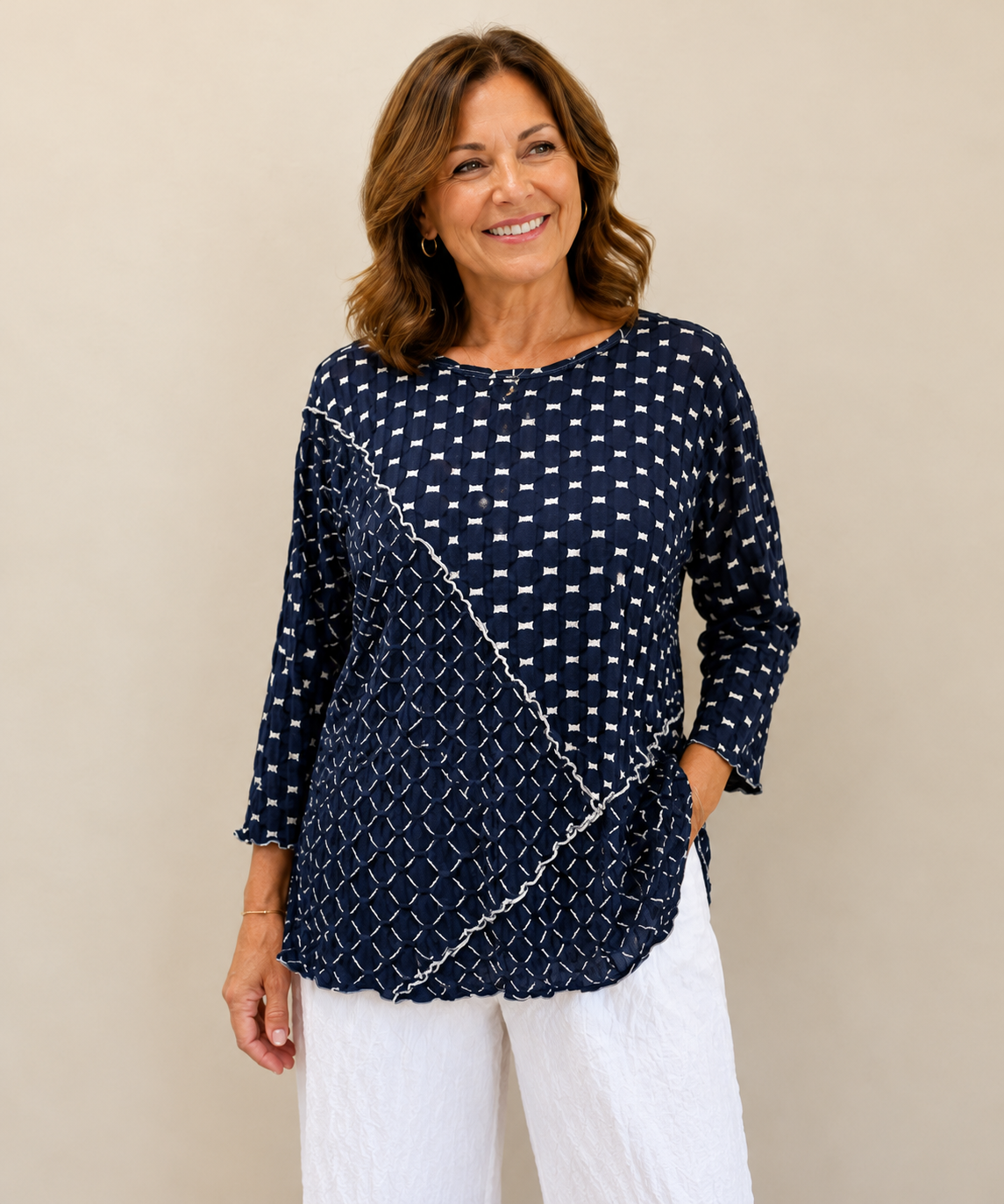 Vine Street Mixed Media Top - 713 - NAVY JACQUARD