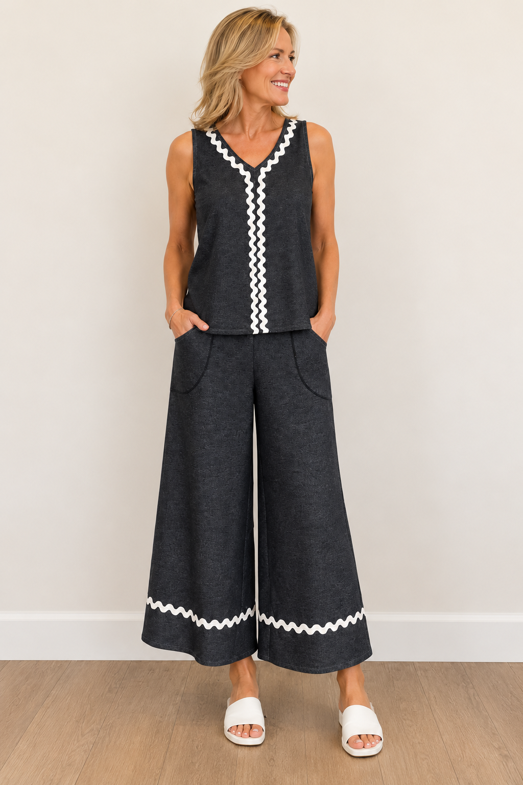 Vine Street Wide Leg Rickrack Trim Pant - 266 - JEAN FRENCH TERRY