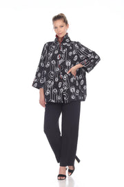 MOONLIGHT Button Down Black Swirl Pleated Zip Back Swing Shirt - 2417