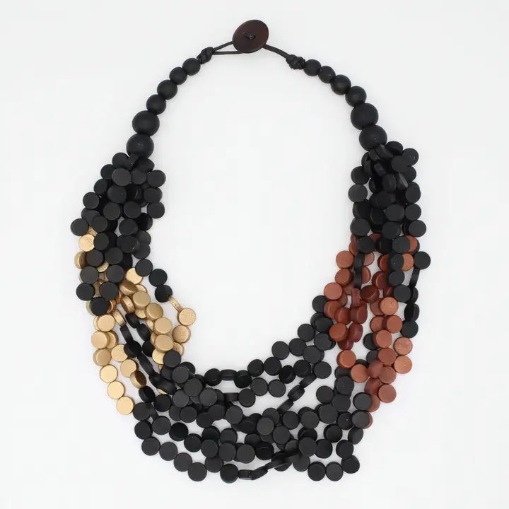 SYLCA Midnight Mosaic Wooden Statement Necklace - LS26N33 - BLACK