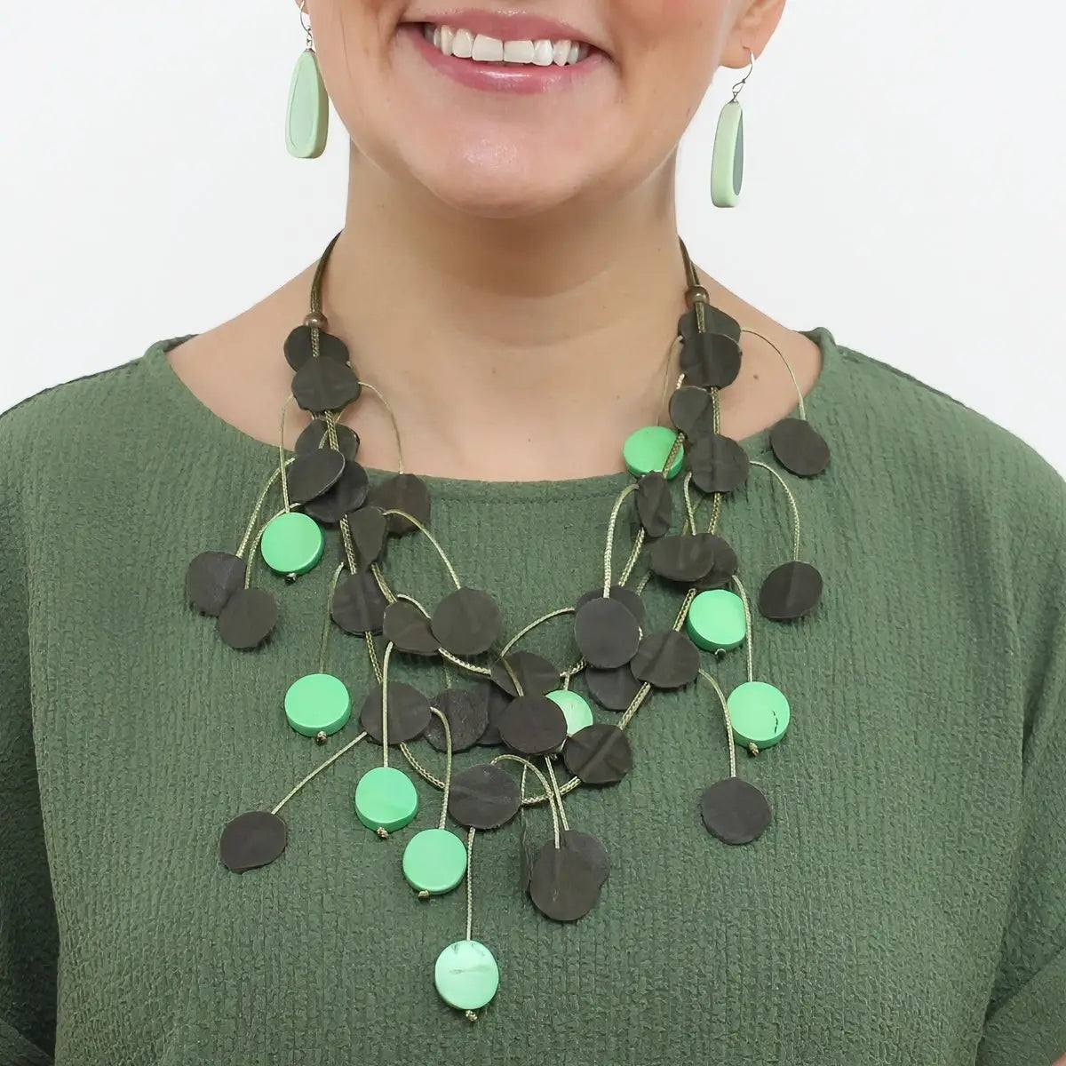 SYLCA Urban Olive Leather Dangle Necklace