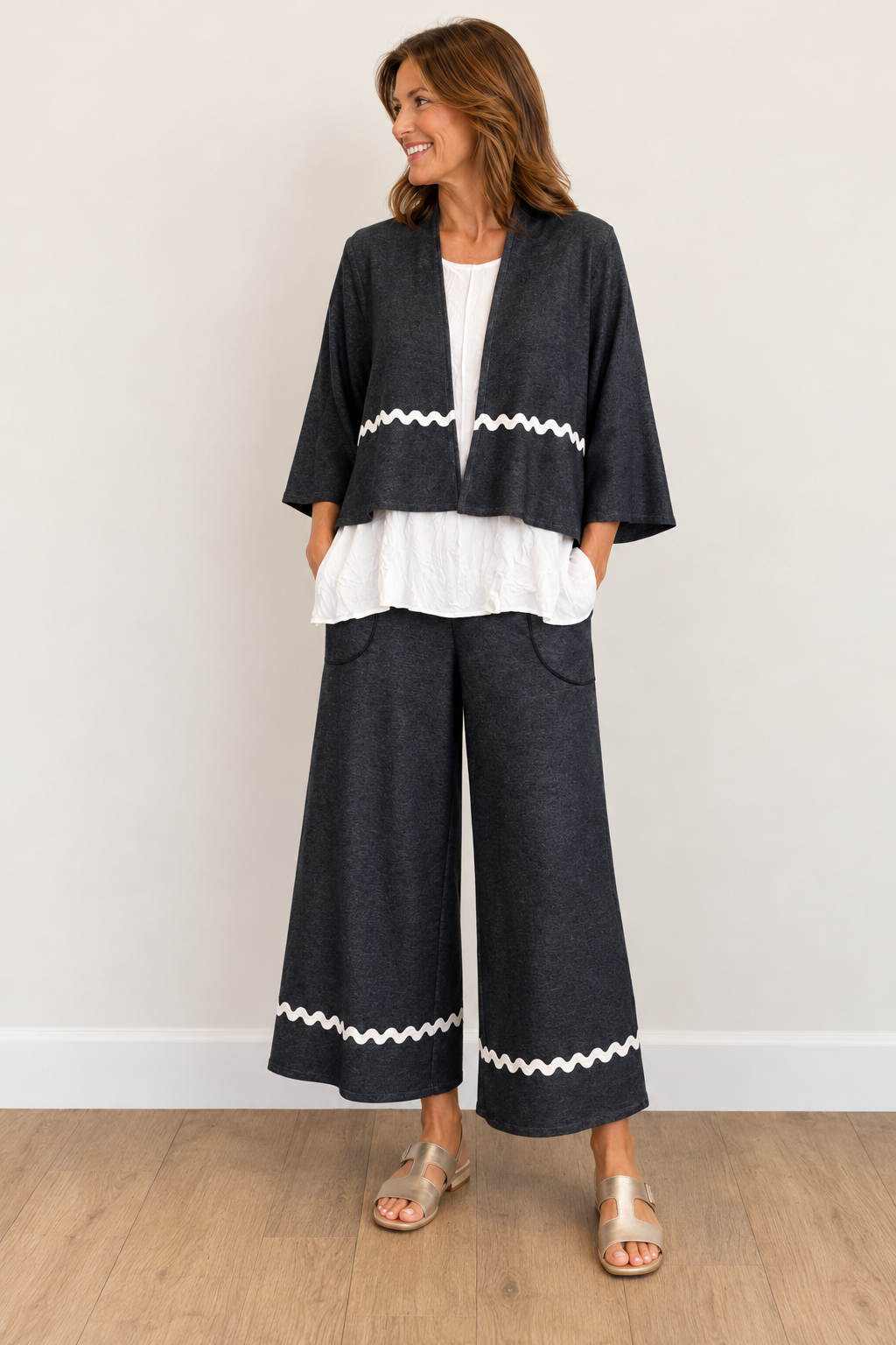 Vine Street Wide Leg Rickrack Trim Pant - 266 - JEAN FRENCH TERRY
