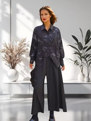 Vanite Couture Asymmetric Button Front Abstract Print Top - 21098 - BLACK/WHITE