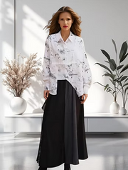 Vanite Couture Asymmetric Button Front Abstract Print Top - 21098 - WHITE/BLACK