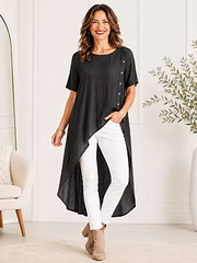 Vanite Couture Asymmetric Button Detail Long Top - 21312 - BLACK