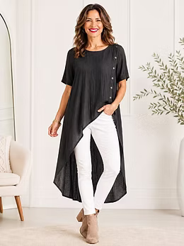 Vanite Couture Asymmetric Button Detail Long Top - 21312 - BLACK
