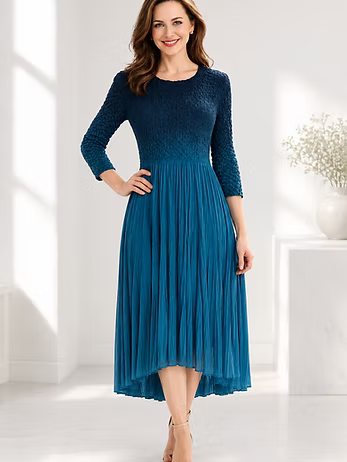 Vanite Couture Pleated Cap Sleeve Ombre Dress - 22138-1 - TEAL OMBRE