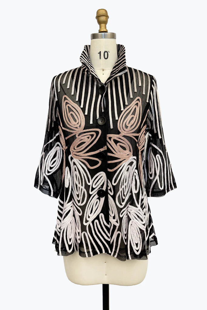 DAMEE BLACK, WHITE, AND PINK SOUTACHE BUTTON DOWN COLLARED JACKET - 2476 - PINK