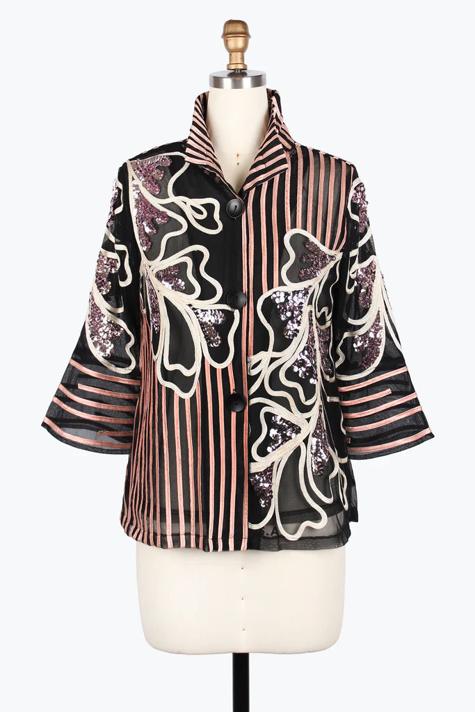 DAMEE SEQUINED FLOWER&STRIPE SOUTACHE JACKET - 2477-RGD