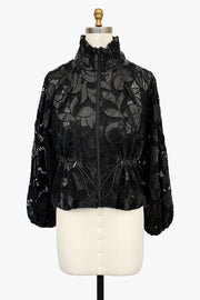 DAMEE FLORAL PLEATHER LACE DRAWSTRING JACKET - 2487-BLK