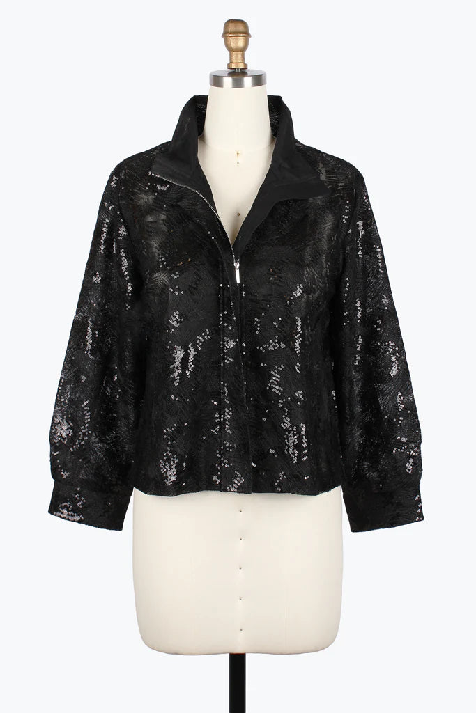 DAMEE ABSTRACT SEQUIN EMBROIDERY BIKER JACKET - 2488-BLK