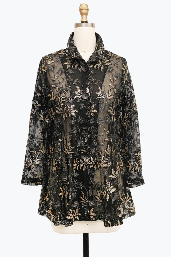 DAMEE BLACK AND BRONZE MESH FLORAL SPECIAL OCCASION BUTTON DOWN COLLARED JACKET - 2497 - BRONZE