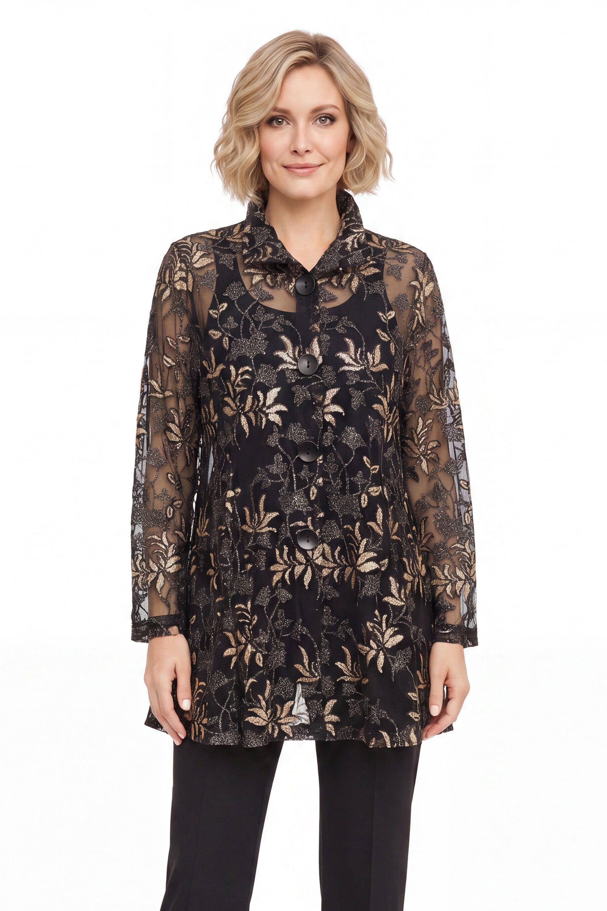 DAMEE BLACK AND BRONZE MESH FLORAL SPECIAL OCCASION BUTTON DOWN COLLARED JACKET - 2497 - BRONZE