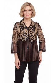 DAMEE GOLD AND BLACK MESH SOUTACHE BUTTON DOWN COLLARED JACKET - 2499 - BROWN