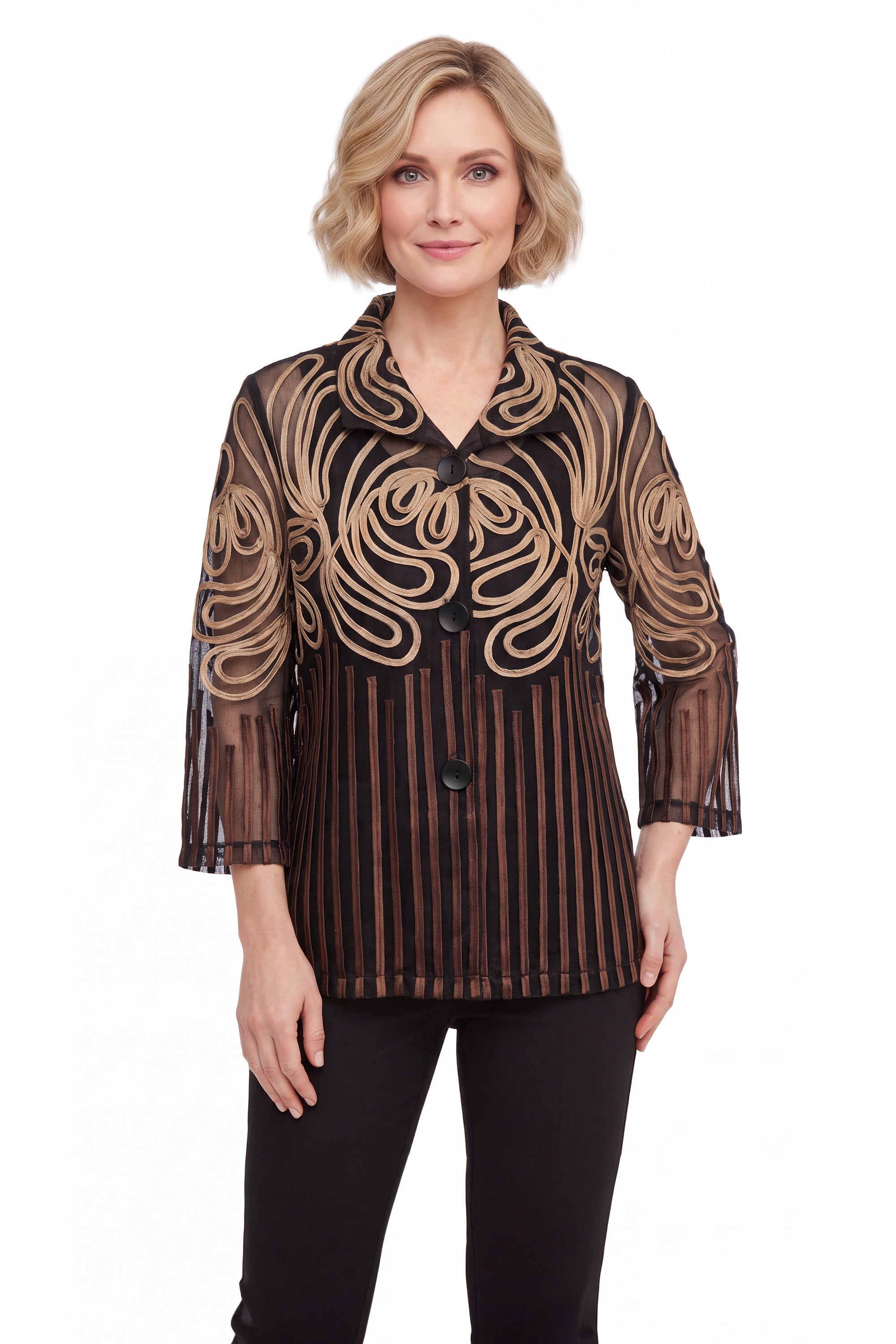 DAMEE GOLD AND BLACK MESH SOUTACHE BUTTON DOWN COLLARED JACKET - 2499 - BROWN