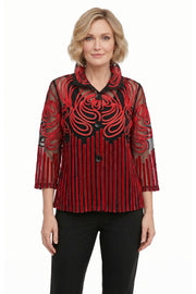 DAMEE RED AND BLACK MESH SOUTACHE BUTTON DOWN COLLARED JACKET - 2499 - RED