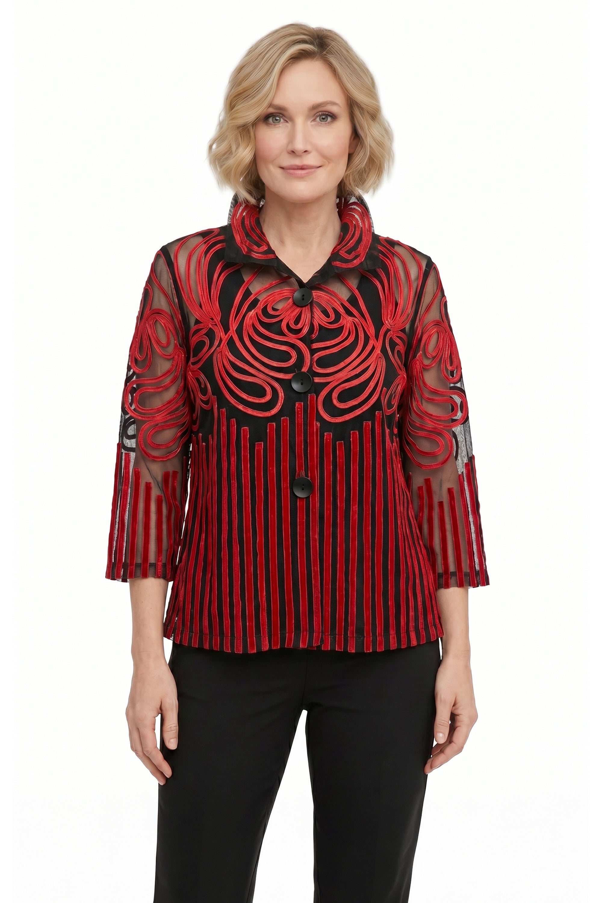DAMEE RED AND BLACK MESH SOUTACHE BUTTON DOWN COLLARED JACKET - 2499 - RED