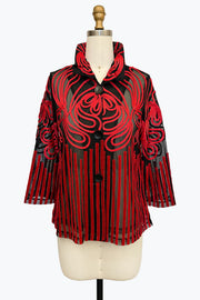 DAMEE RED AND BLACK MESH SOUTACHE BUTTON DOWN COLLARED JACKET - 2499 - RED