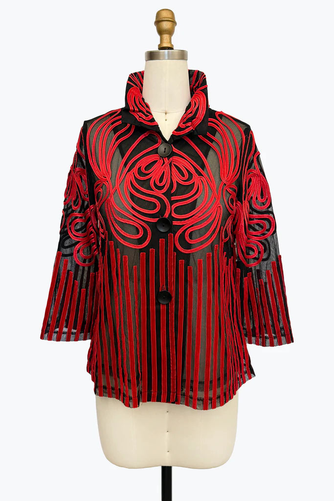 DAMEE RED AND BLACK MESH SOUTACHE BUTTON DOWN COLLARED JACKET - 2499 - RED