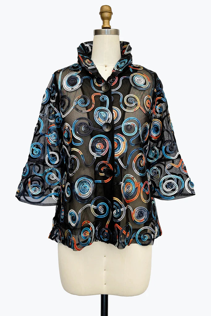 DAMEE GEOMETRIC MESH SOUTACHE BUTTON DOWN COLLARED JACKET - 2500 - MULTI